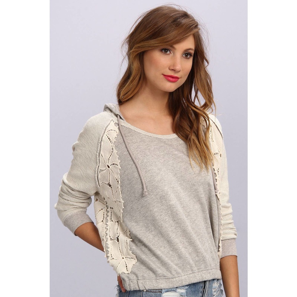 Free People Cream and Light Gray Knit Hoodie Sweater